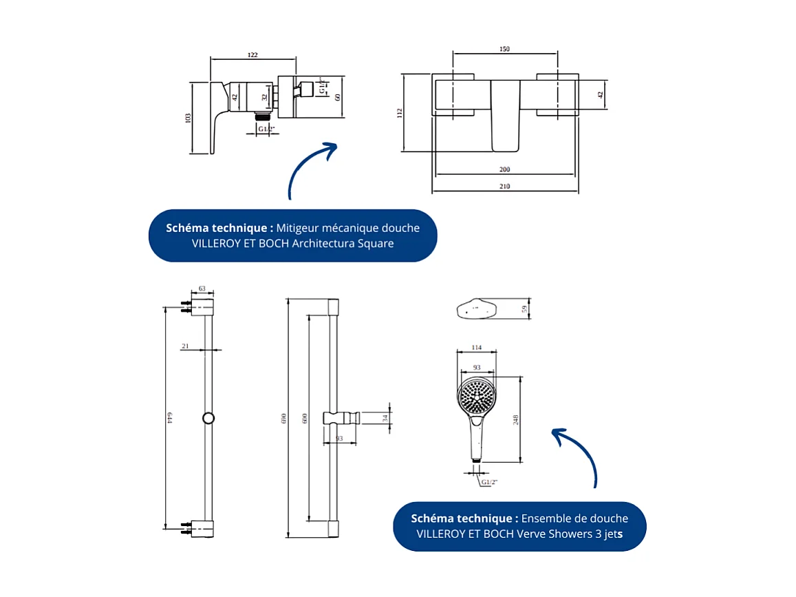 Mitigeur mécanique douche VILLEROY ET BOCH Architectura Square + Ensemble de douche Verve Showers 3 jets Or brossé