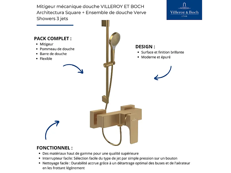 Mitigeur mécanique douche VILLEROY ET BOCH Architectura Square + Ensemble de douche Verve Showers 3 jets Or brossé