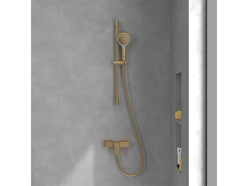 Mitigeur mécanique douche VILLEROY ET BOCH Architectura Square + Ensemble de douche Verve Showers 3 jets Or brossé