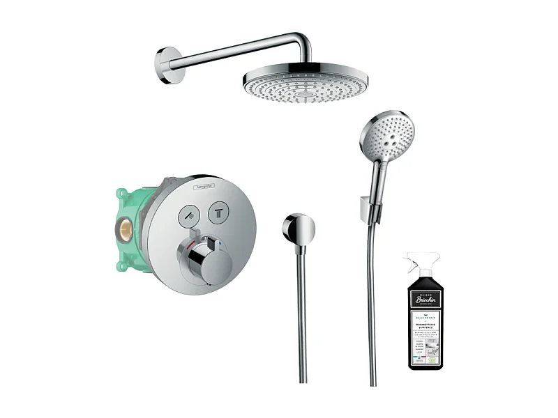 Colonne de douche thermostatique encastrée HANSGROHE ShowerSelect S chromé + douche de tête Raindance Select S + nettoyant