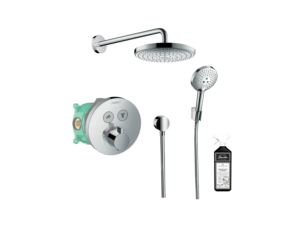 Colonne de douche thermostatique encastrée HANSGROHE ShowerSelect S chromé + douche de tête Raindance Select S + nettoyant