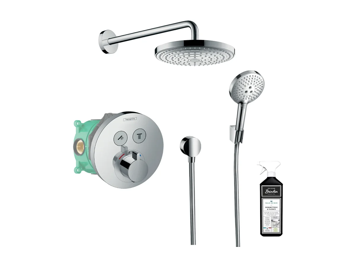 Colonne de douche thermostatique encastrée HANSGROHE ShowerSelect S chromé + douche de tête Raindance Select S + nettoyant