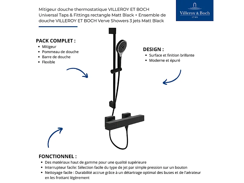 Mitigeur douche thermostatique VILLEROY ET BOCH Universal rectangle+ Ensemble de douche Verve Showers noir mat