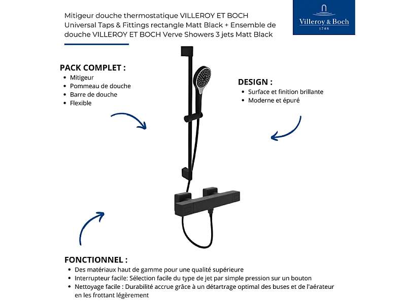 Mitigeur douche thermostatique VILLEROY ET BOCH Universal rectangle+ Ensemble de douche Verve Showers noir mat