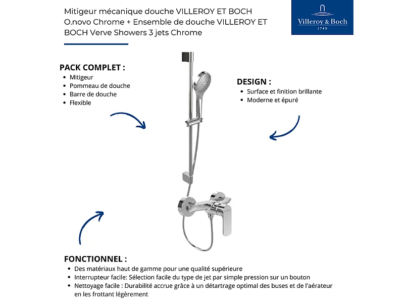 Mitigeur mécanique douche VILLEROY ET BOCH O.novo Chrome + Ensemble de douche VILLEROY ET BOCH Verve Showers 3 jets Chrome