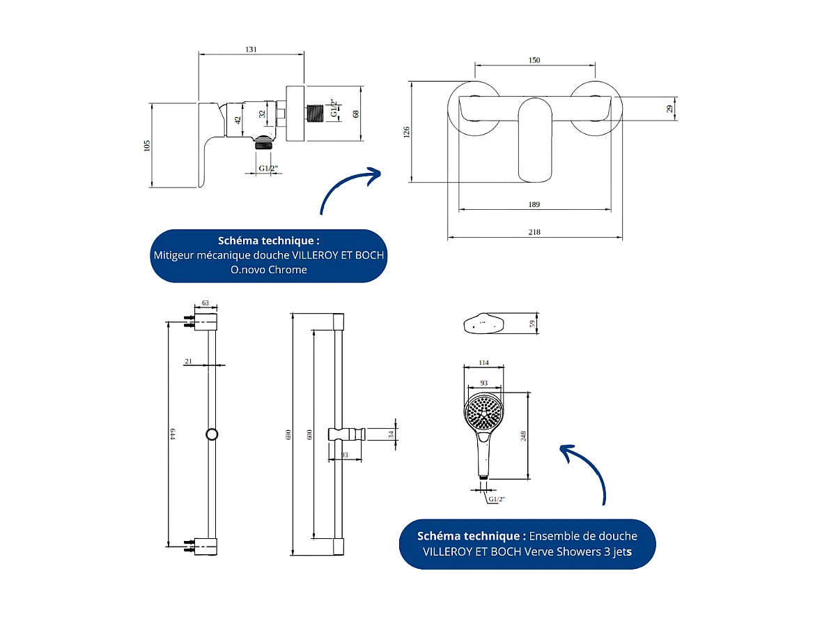 Mitigeur mécanique douche VILLEROY ET BOCH O.novo Chrome + Ensemble de douche VILLEROY ET BOCH Verve Showers 3 jets Chrome
