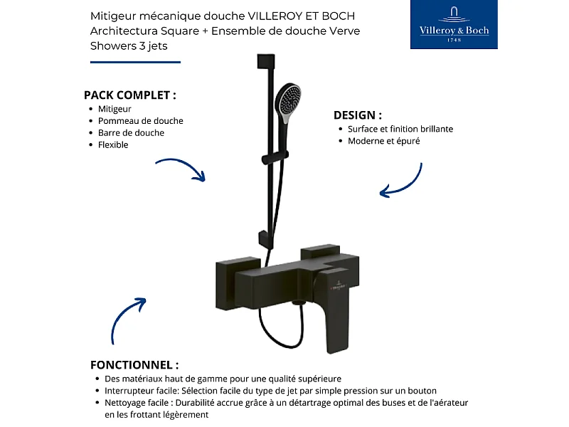 Mitigeur mécanique douche VILLEROY ET BOCH Architectura Square Noir mat + Ensemble de douche Verve Showers 3 jets Noir mat