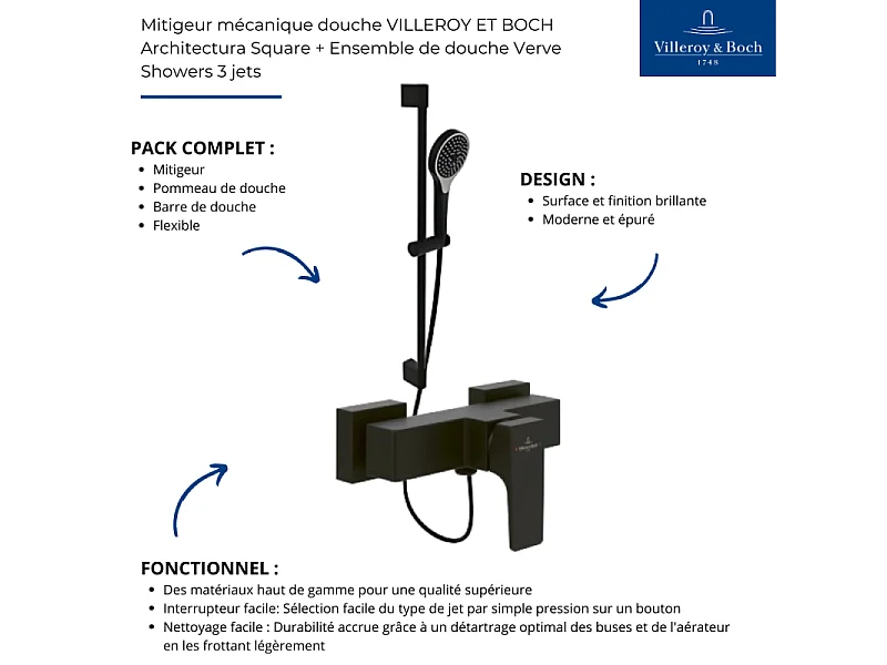 Mitigeur mécanique douche VILLEROY ET BOCH Architectura Square Noir mat + Ensemble de douche Verve Showers 3 jets Noir mat