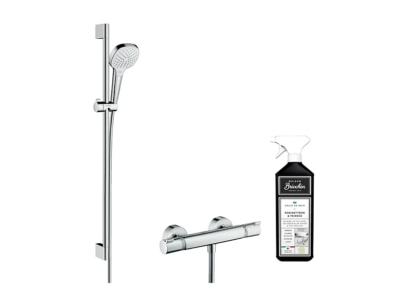 Mitigeur thermostatique avec ensemble douche Hansgrohe Croma Select E + nettoyant Briochin