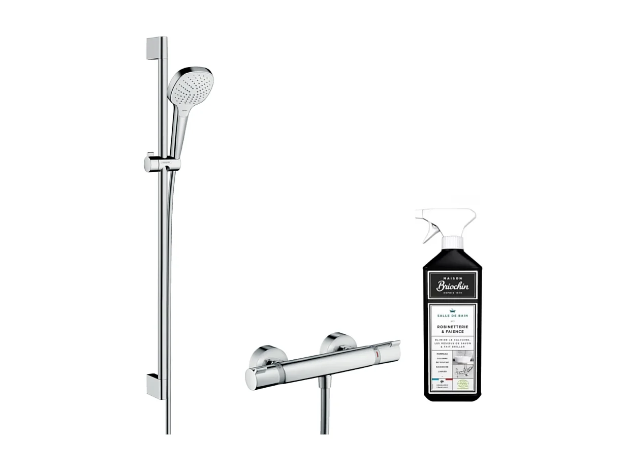 Mitigeur thermostatique avec ensemble douche Hansgrohe Croma Select E + nettoyant Briochin