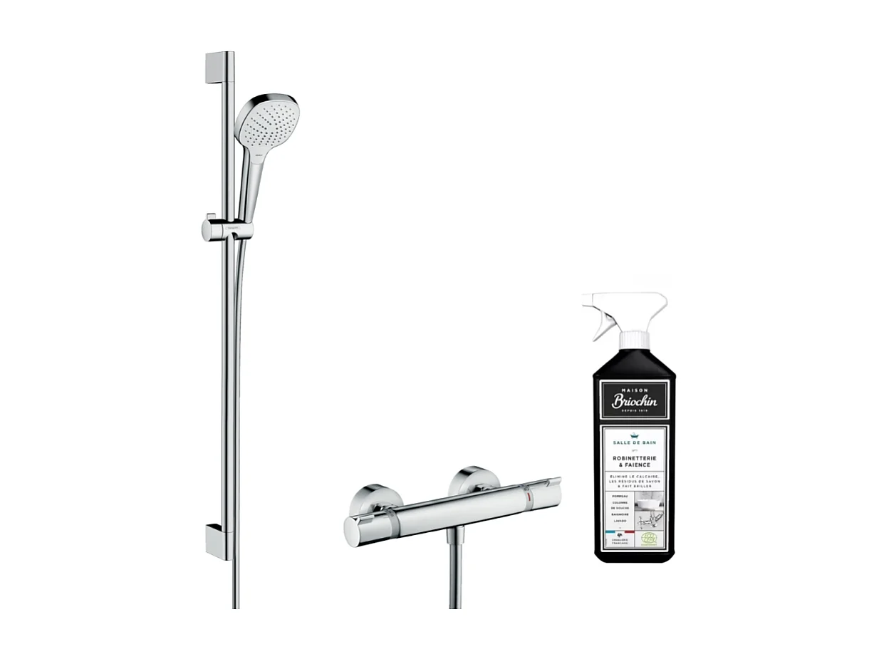 Mitigeur thermostatique avec ensemble douche Hansgrohe Croma Select E + nettoyant Briochin