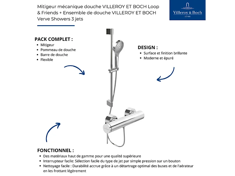 Mitigeur mécanique douche VILLEROY ET BOCH Loop & Friends Chrome + Ensemble de douche VILLEROY ET BOCH Verve Showers 3 jets Chrome