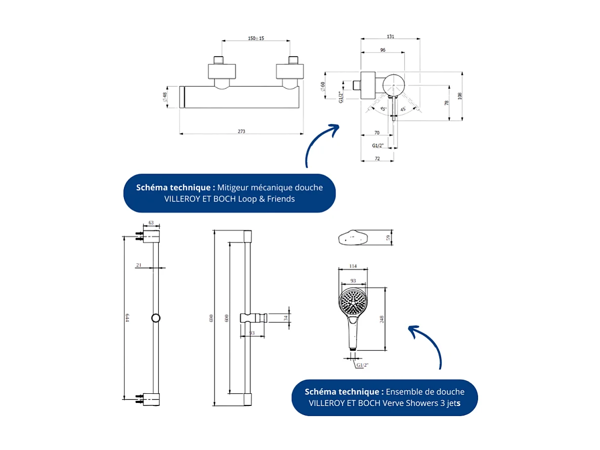 Mitigeur mécanique douche VILLEROY ET BOCH Loop & Friends Chrome + Ensemble de douche VILLEROY ET BOCH Verve Showers 3 jets Chrome