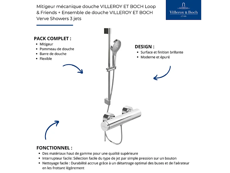Mitigeur mécanique douche VILLEROY ET BOCH Loop & Friends Chrome + Ensemble de douche VILLEROY ET BOCH Verve Showers 3 jets Chrome