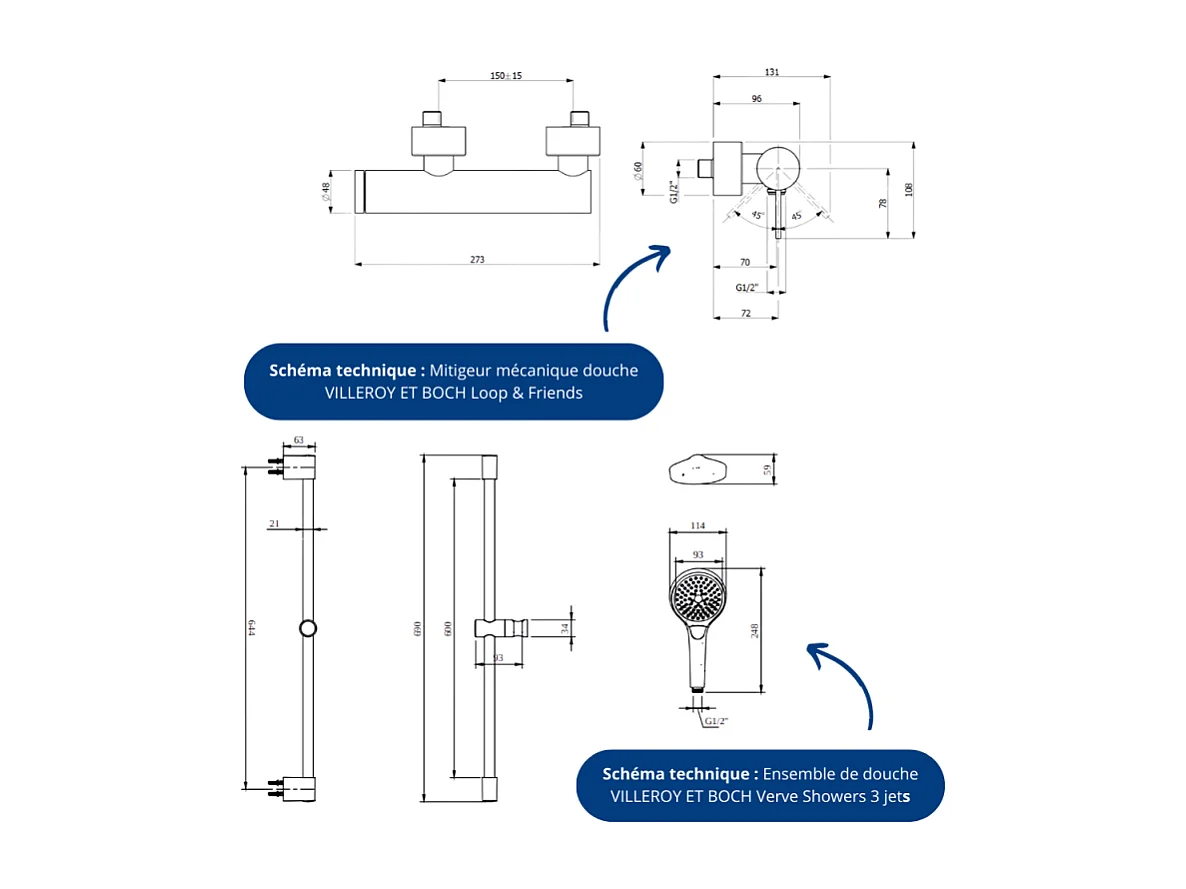 Mitigeur mécanique douche VILLEROY ET BOCH Loop & Friends Chrome + Ensemble de douche VILLEROY ET BOCH Verve Showers 3 jets Chrome