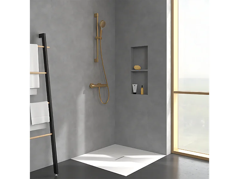 Mitigeur douche thermostatique VILLEROY ET BOCH Universal rond + Ensemble de douche Verve Showers 3 jets Or brossé