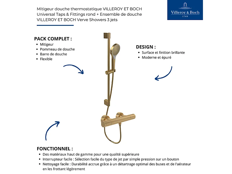 Mitigeur douche thermostatique VILLEROY ET BOCH Universal rond + Ensemble de douche Verve Showers 3 jets Or brossé