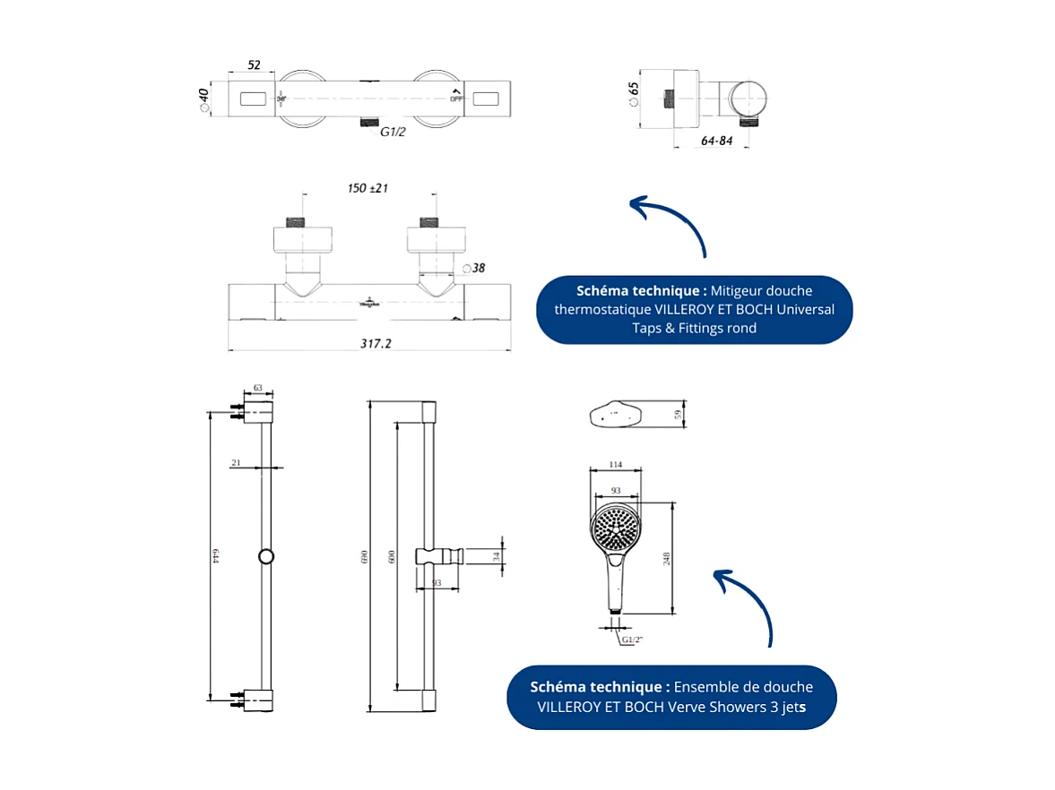 Mitigeur douche thermostatique VILLEROY ET BOCH Universal rond + Ensemble de douche Verve Showers 3 jets Or brossé