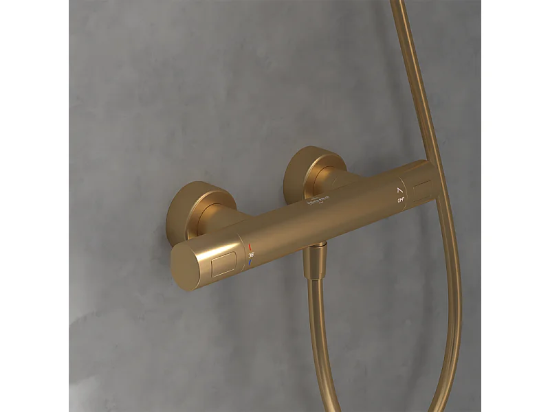 Mitigeur douche thermostatique VILLEROY ET BOCH Universal rond + Ensemble de douche Verve Showers 3 jets Or brossé