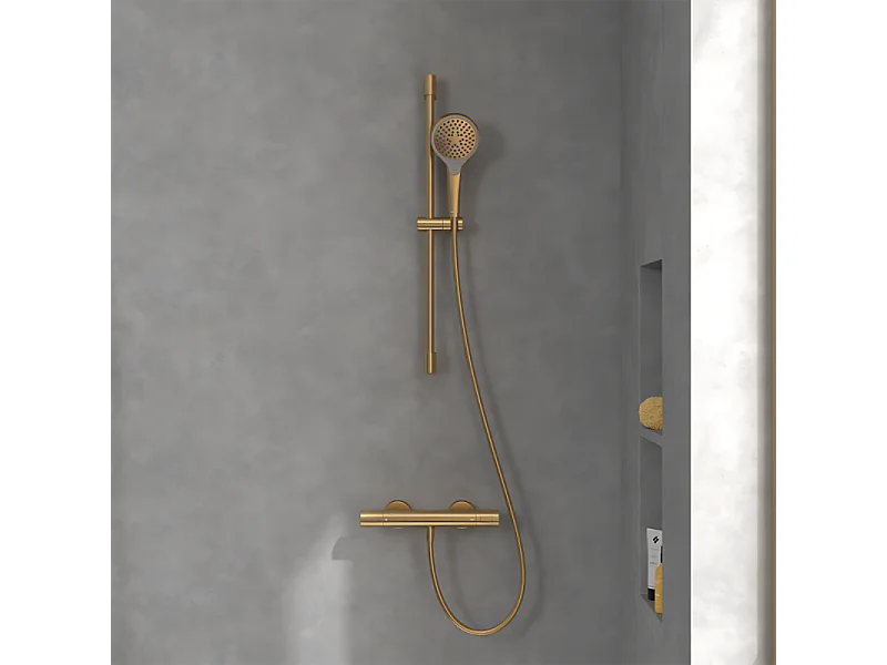 Mitigeur douche thermostatique VILLEROY ET BOCH Universal rond + Ensemble de douche Verve Showers 3 jets Or brossé