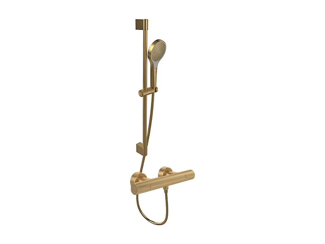 Mitigeur douche thermostatique VILLEROY ET BOCH Universal rond + Ensemble de douche Verve Showers 3 jets Or brossé