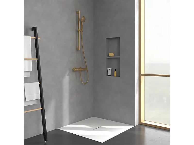 Mitigeur douche thermostatique VILLEROY ET BOCH Universal rond + Ensemble de douche Verve Showers 3 jets Or brossé