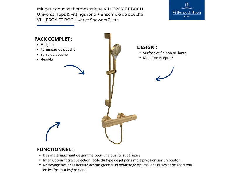 Mitigeur douche thermostatique VILLEROY ET BOCH Universal rond + Ensemble de douche Verve Showers 3 jets Or brossé