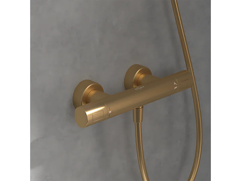 Mitigeur douche thermostatique VILLEROY ET BOCH Universal rond + Ensemble de douche Verve Showers 3 jets Or brossé