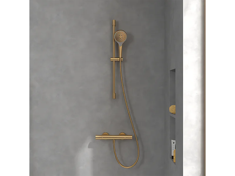 Mitigeur douche thermostatique VILLEROY ET BOCH Universal rond + Ensemble de douche Verve Showers 3 jets Or brossé