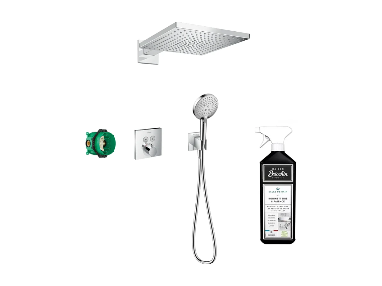 Colonne de douche encastrée thermostatique HANSGROHE ShowerSelect Square chromé + nettoyant Briochin