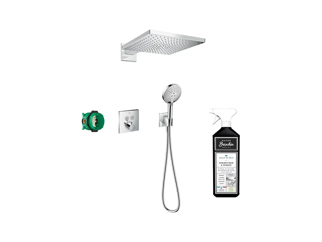 Colonne de douche encastrée thermostatique HANSGROHE ShowerSelect Square chromé + nettoyant Briochin