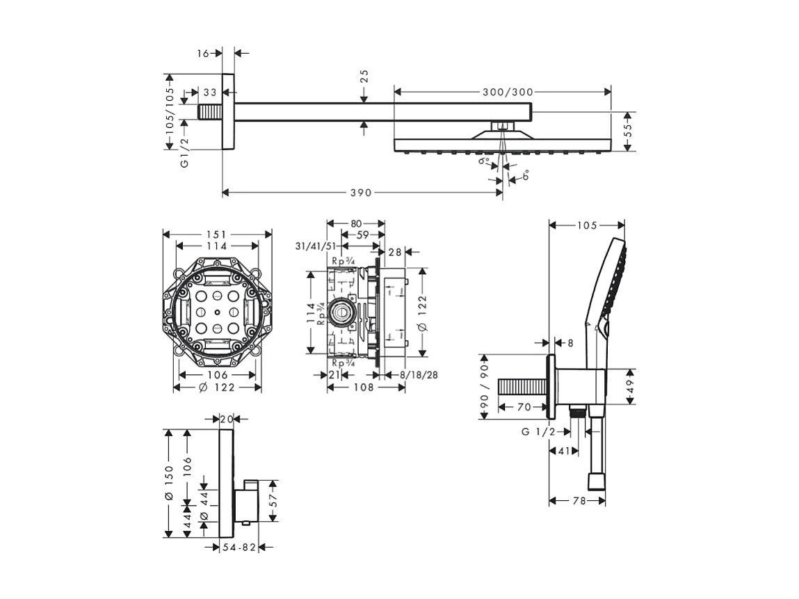 Colonne de douche encastrée thermostatique HANSGROHE ShowerSelect Square chromé + nettoyant Briochin