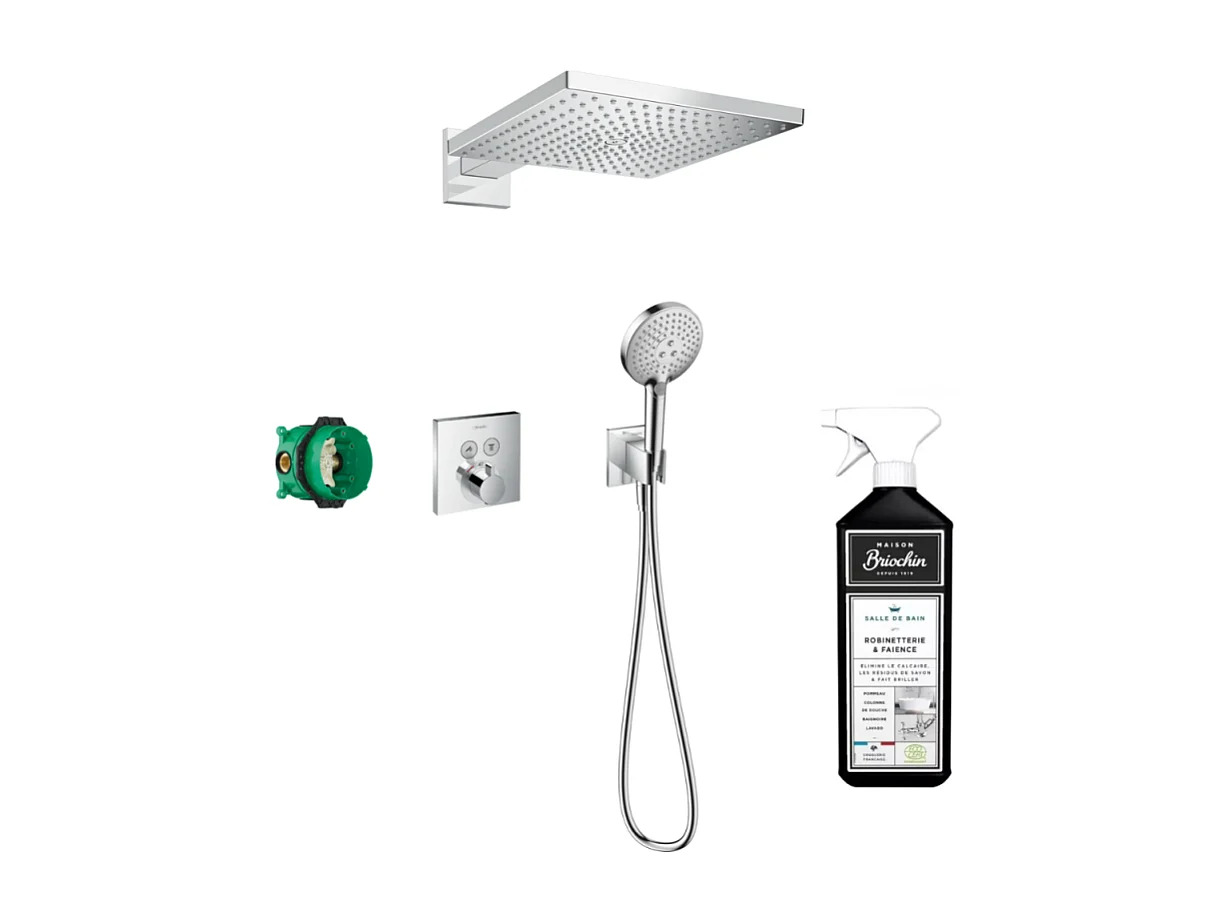Colonne de douche encastrée thermostatique HANSGROHE ShowerSelect Square chromé + nettoyant Briochin