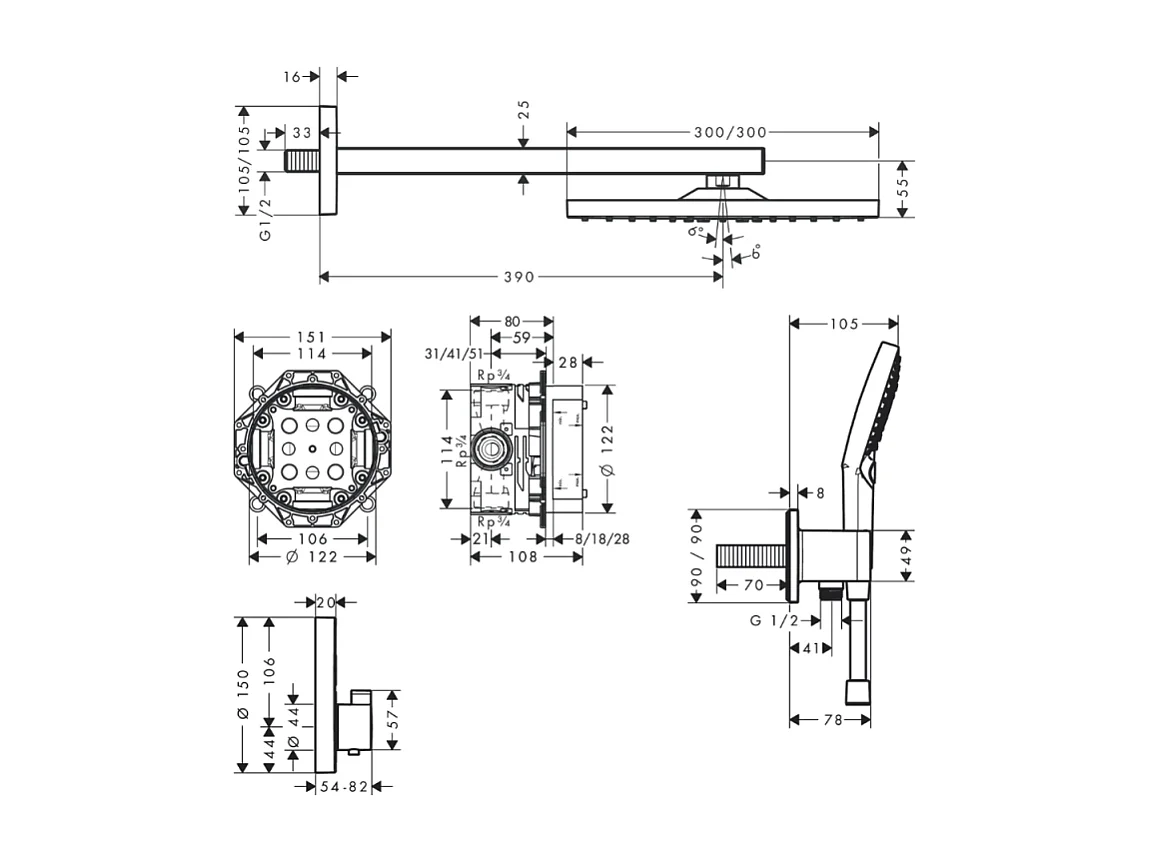 Colonne de douche encastrée thermostatique HANSGROHE ShowerSelect Square chromé + nettoyant Briochin