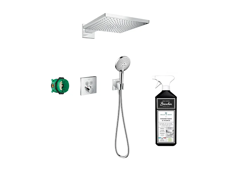 Colonne de douche encastrée thermostatique HANSGROHE ShowerSelect Square chromé + nettoyant Briochin
