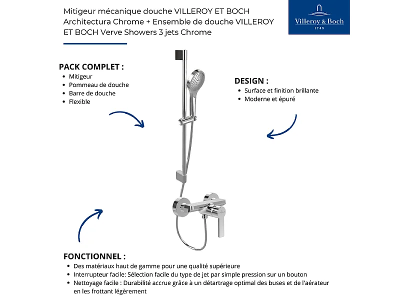 Mitigeur mécanique douche VILLEROY ET BOCH Architectura Chrome + Ensemble de douche VILLEROY ET BOCH Verve Showers 3 jets Chrome
