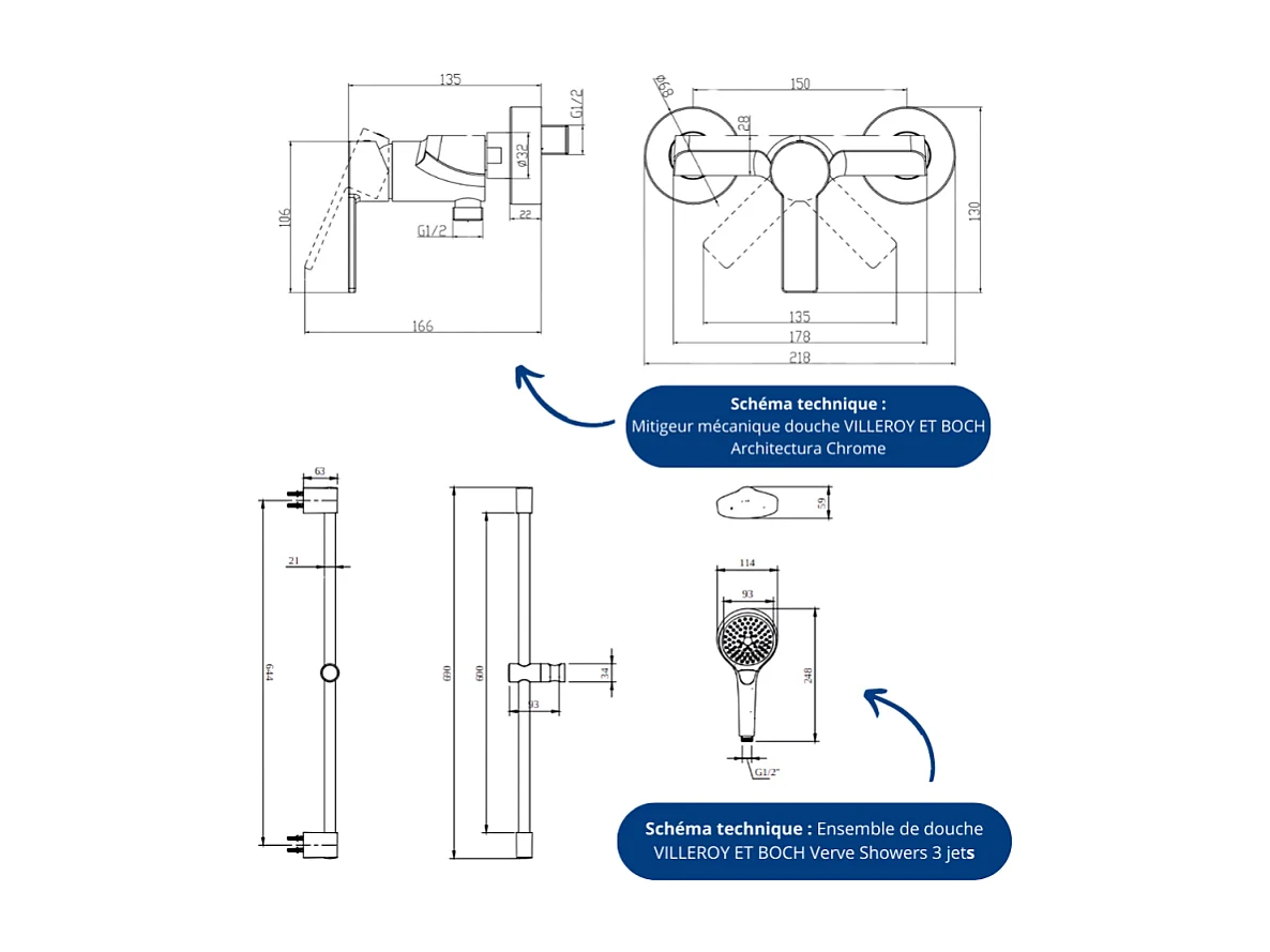 Mitigeur mécanique douche VILLEROY ET BOCH Architectura Chrome + Ensemble de douche VILLEROY ET BOCH Verve Showers 3 jets Chrome