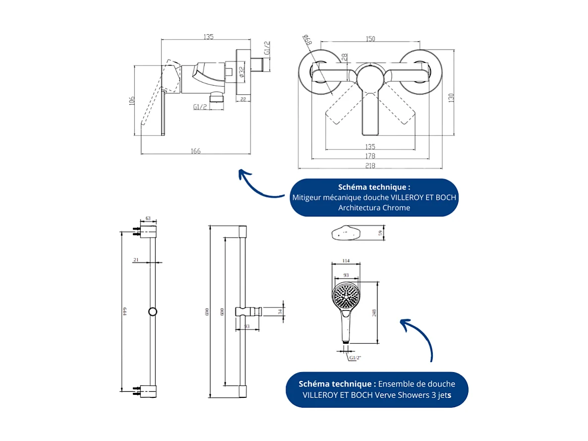 Mitigeur mécanique douche VILLEROY ET BOCH Architectura Chrome + Ensemble de douche VILLEROY ET BOCH Verve Showers 3 jets Chrome