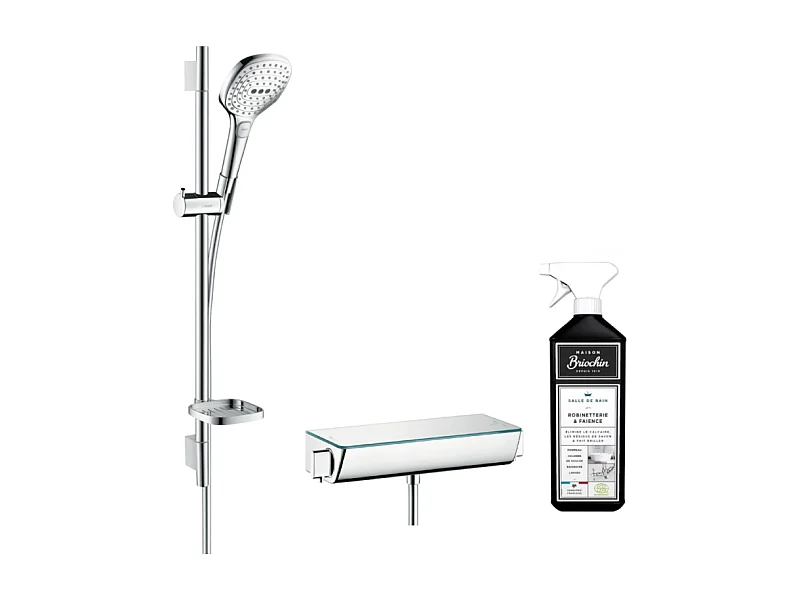 Ensemble douche HANSGROHE Raindance Select E 120 3 jets + mitigeur thermostatique Ecostat Select + Barre 65 cm + nettoyant