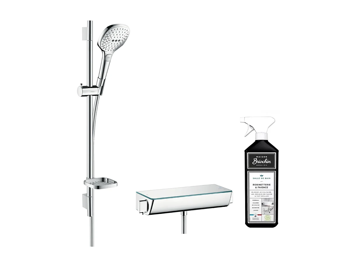Ensemble douche HANSGROHE Raindance Select E 120 3 jets + mitigeur thermostatique Ecostat Select + Barre 65 cm + nettoyant