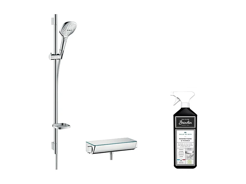 Ensemble douche HANSGROHE Raindance Select E 120 3 jets + mitigeur thermostatique Ecostat Select + Barre 90 cm + nettoyant