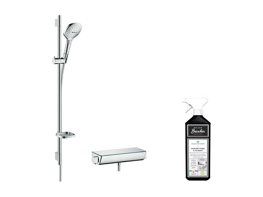 Ensemble douche HANSGROHE Raindance Select E 120 3 jets + mitigeur thermostatique Ecostat Select + Barre 90 cm + nettoyant