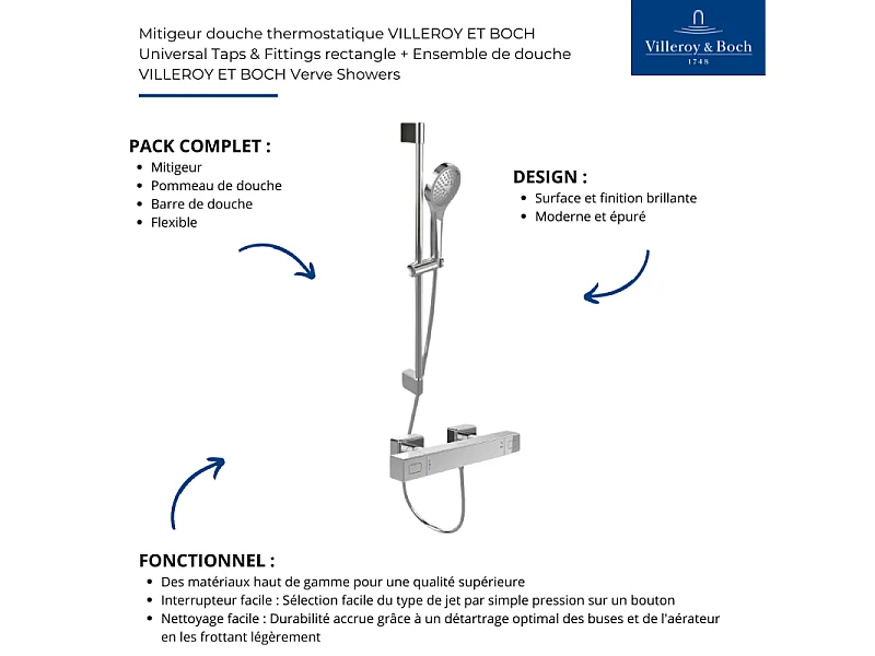 Mitigeur douche thermostatique VILLEROY ET BOCH Universal rectangle + Ensemble de douche Verve Showers chromé