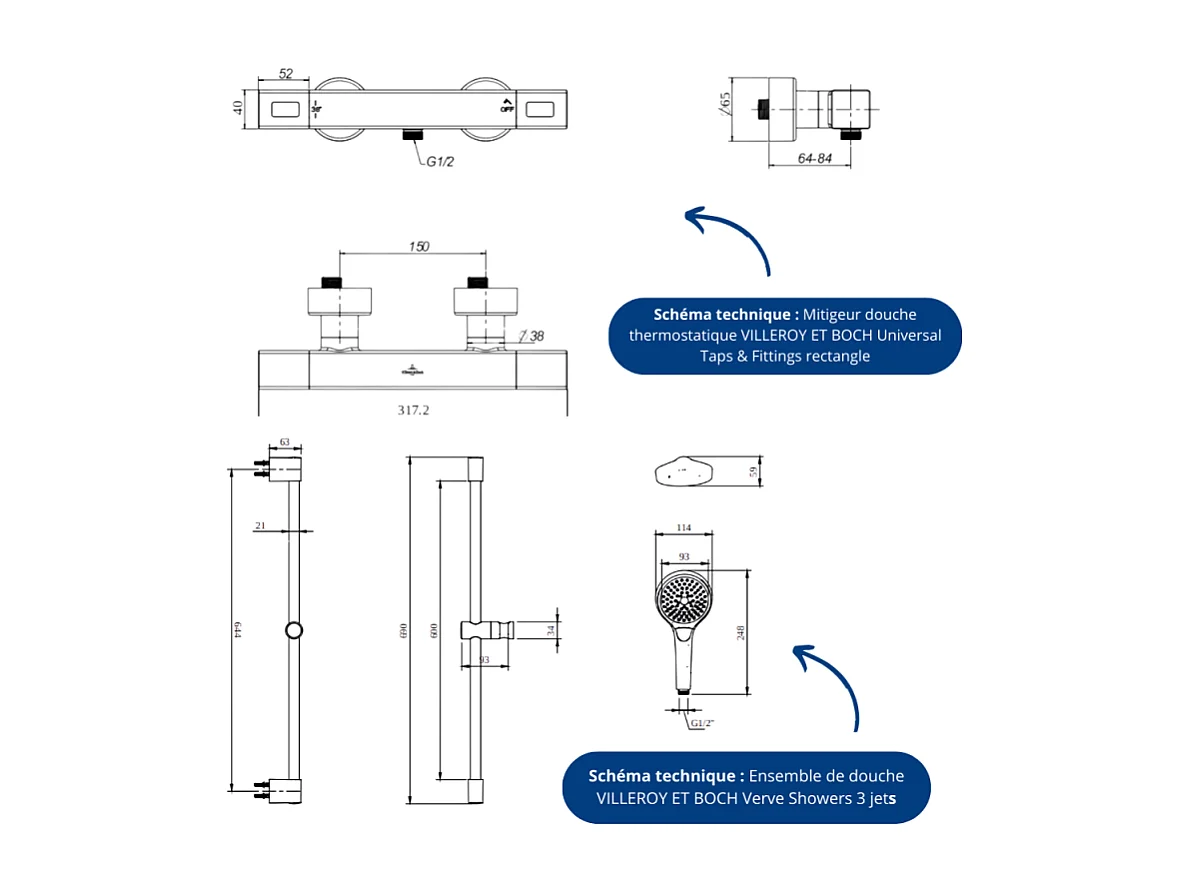 Mitigeur douche thermostatique VILLEROY ET BOCH Universal rectangle + Ensemble de douche Verve Showers chromé