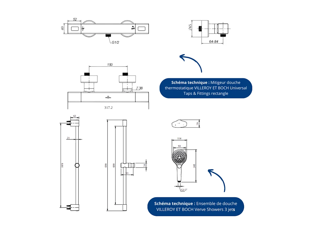 Mitigeur douche thermostatique VILLEROY ET BOCH Universal rectangle + Ensemble de douche Verve Showers chromé