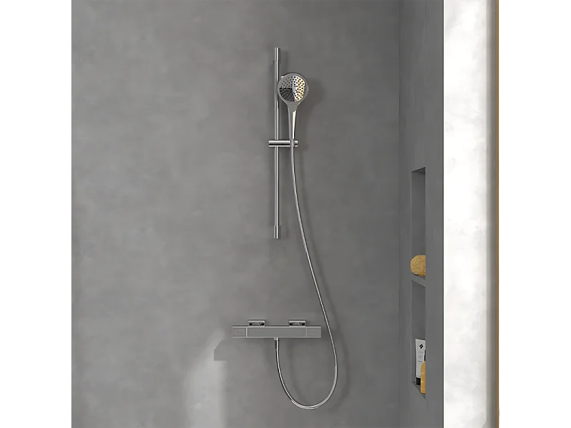 Mitigeur douche thermostatique VILLEROY ET BOCH Universal rectangle + Ensemble de douche Verve Showers chromé