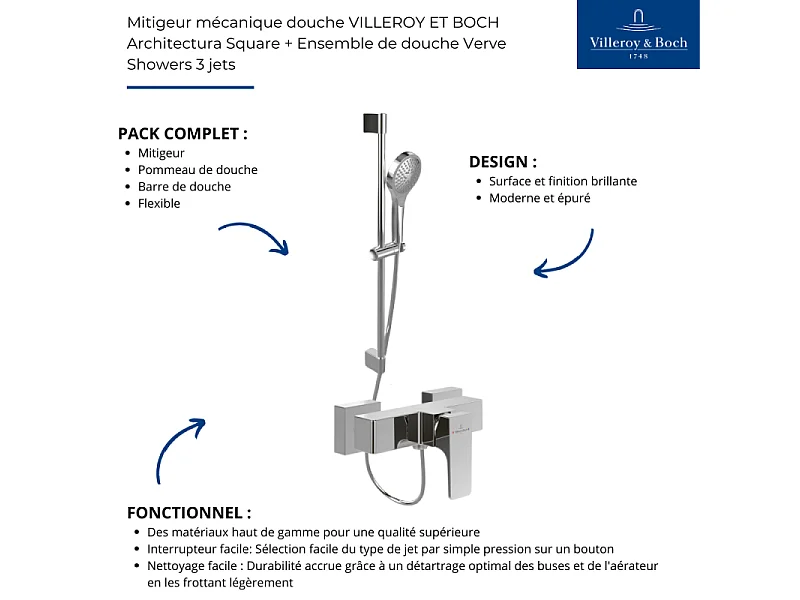 Mitigeur mécanique douche VILLEROY ET BOCH Architectura Square Chrome + Ensemble de douche Verve Showers 3 jets Chrome