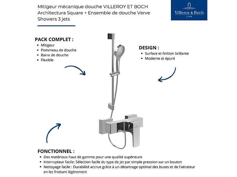 Mitigeur mécanique douche VILLEROY ET BOCH Architectura Square Chrome + Ensemble de douche Verve Showers 3 jets Chrome
