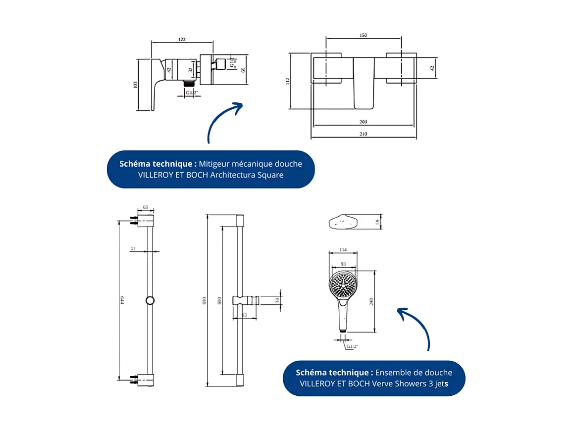 Mitigeur mécanique douche VILLEROY ET BOCH Architectura Square Chrome + Ensemble de douche Verve Showers 3 jets Chrome