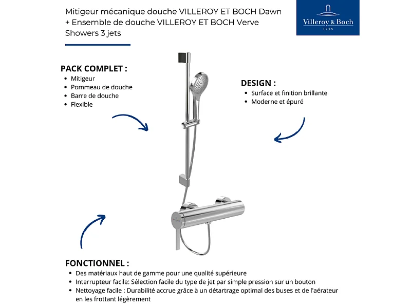 Mitigeur mécanique douche VILLEROY ET BOCH Dawn Chrome + Ensemble de douche VILLEROY ET BOCH Verve Showers 3 jets